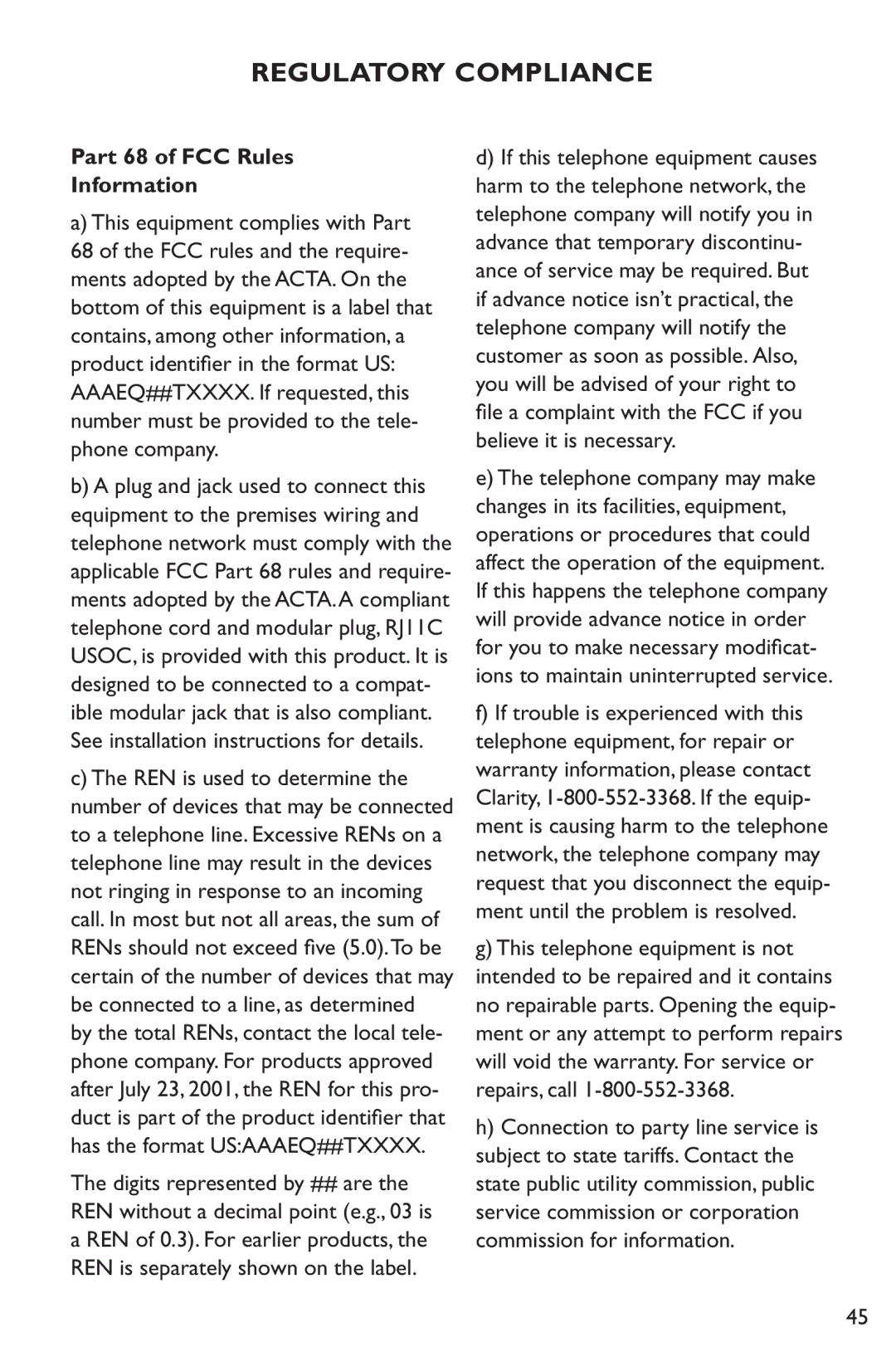 Clarity C4230 manual Regulatory Compliance, Part 68 of FCC Rules Information 