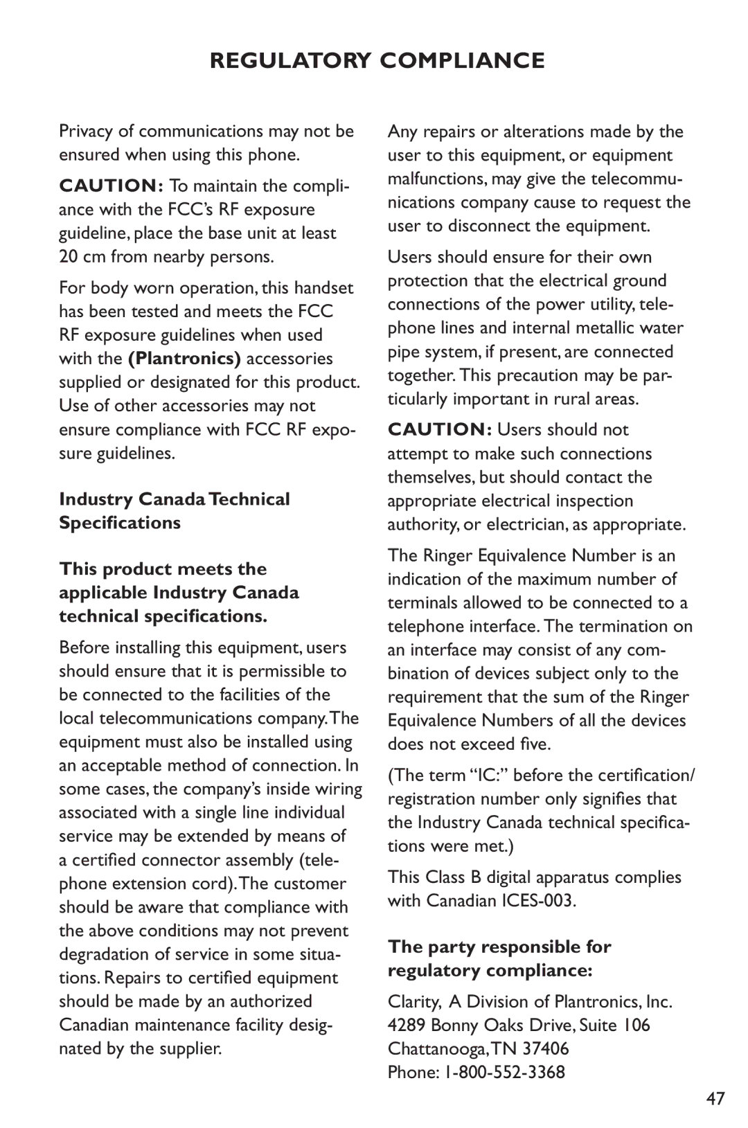 Clarity C4230 manual Party responsible for regulatory compliance 