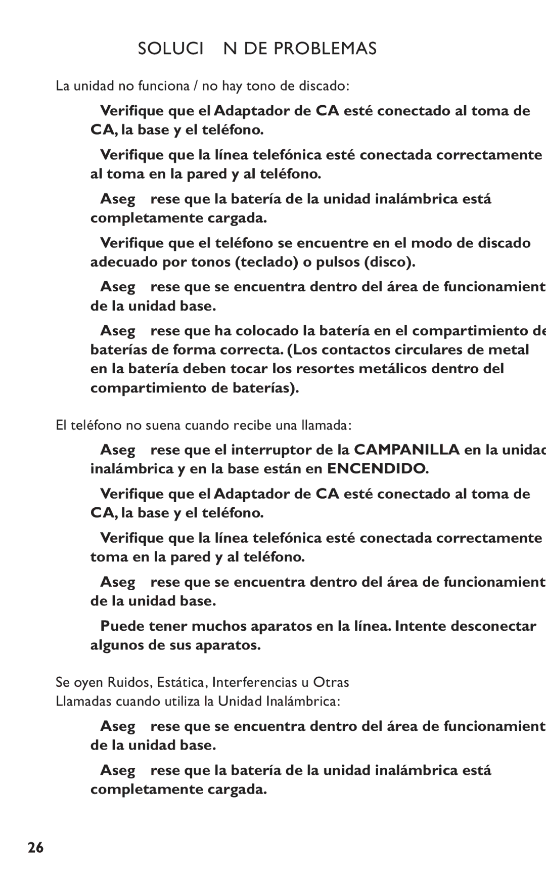 Clarity C4230HS manual Solución DE Problemas, La unidad no funciona / no hay tono de discado 