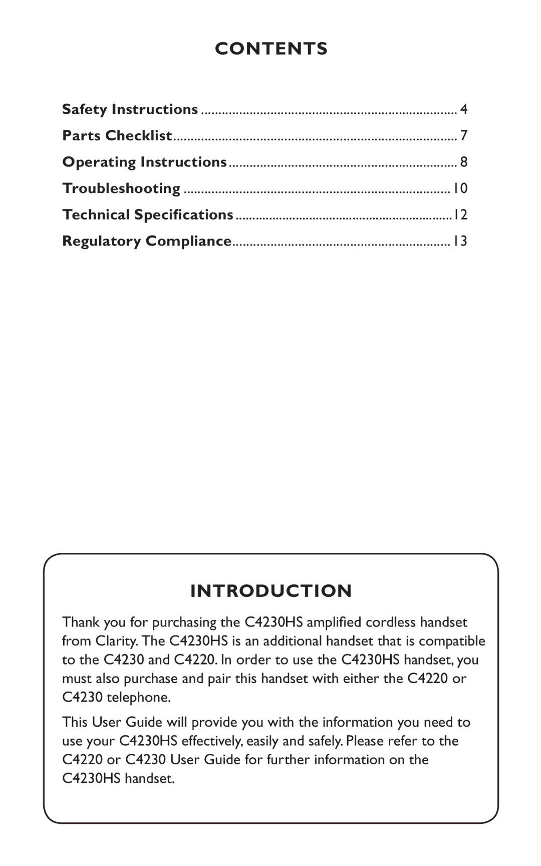 Clarity C4230HS manual Contents, Introduction 