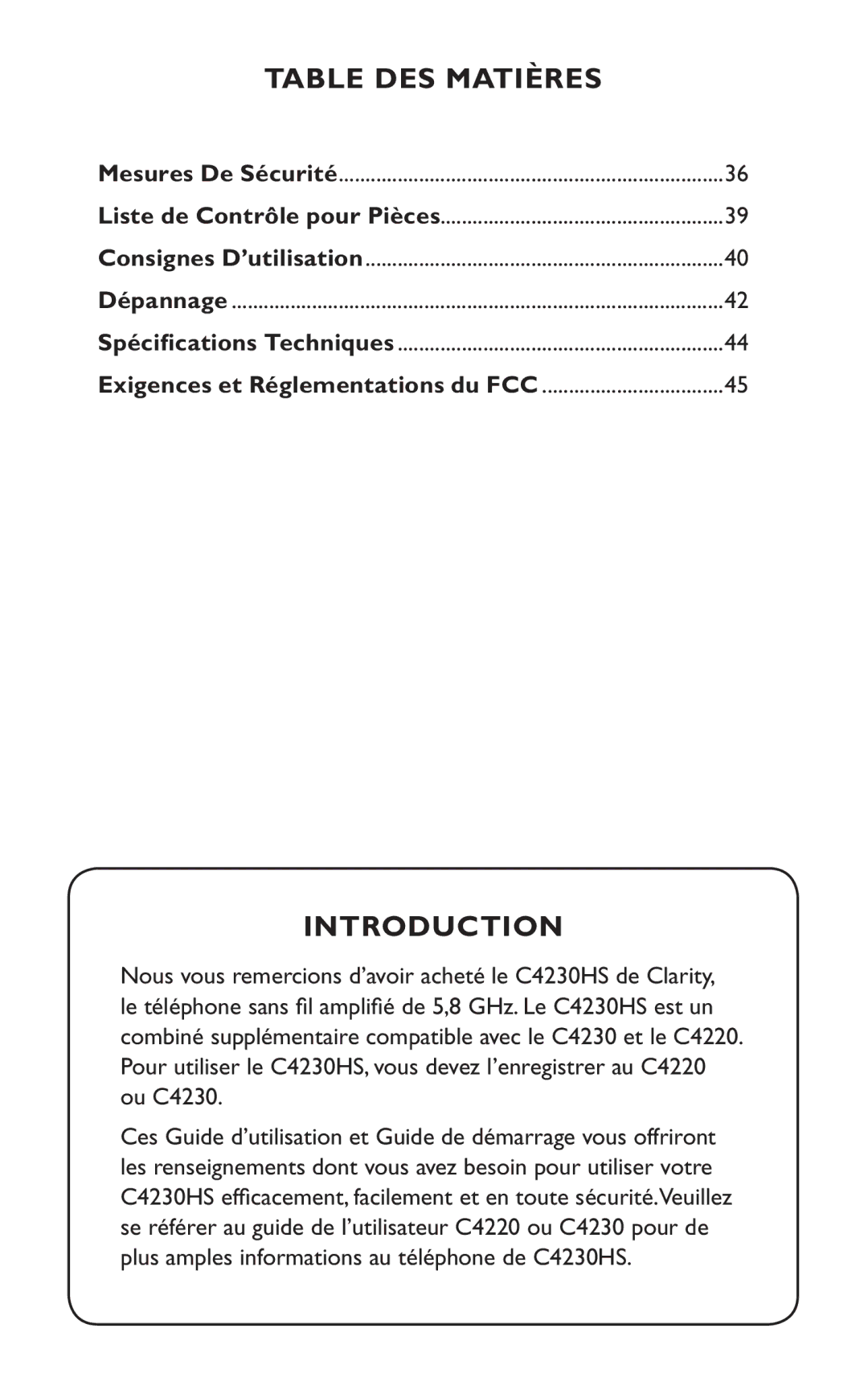 Clarity C4230HS manual Table DES Matières, Introduction 