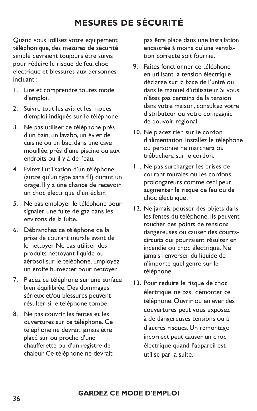 Clarity C4230HS manual Mesures DE Sécurité, Lire et comprendre toutes mode d’emploi 