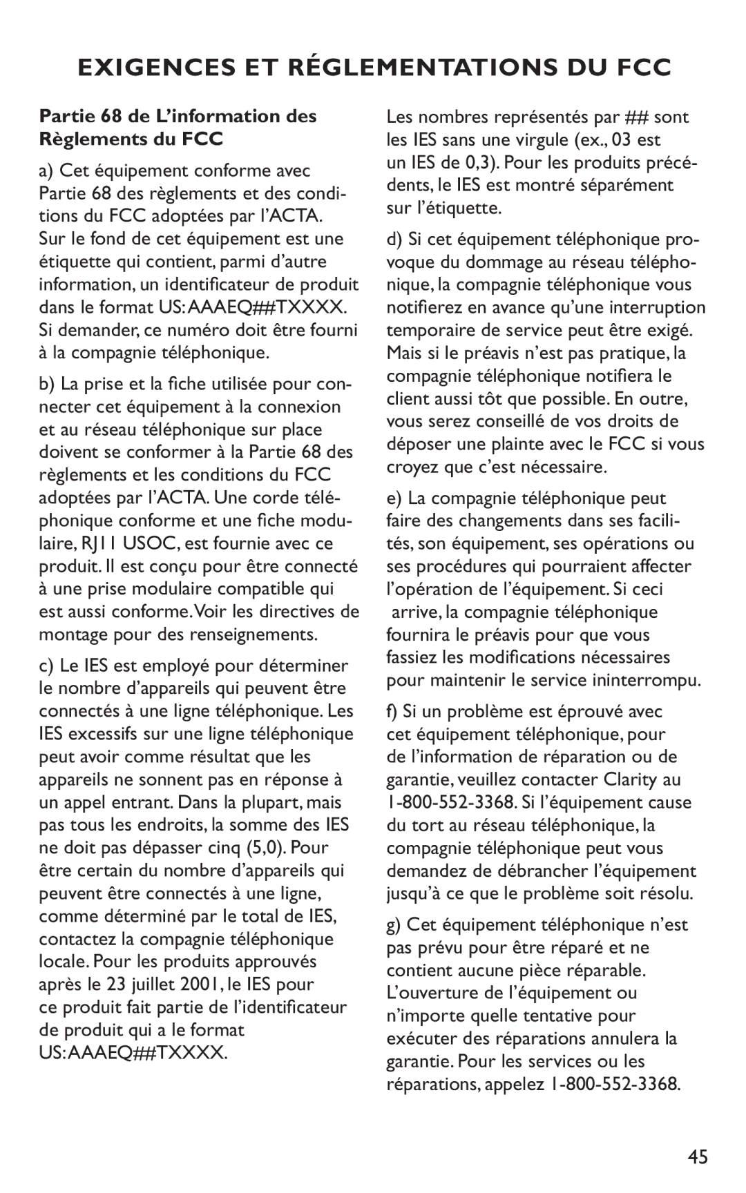 Clarity C4230HS manual Exigences ET Réglementations DU FCC, Partie 68 de L’information des Règlements du FCC 