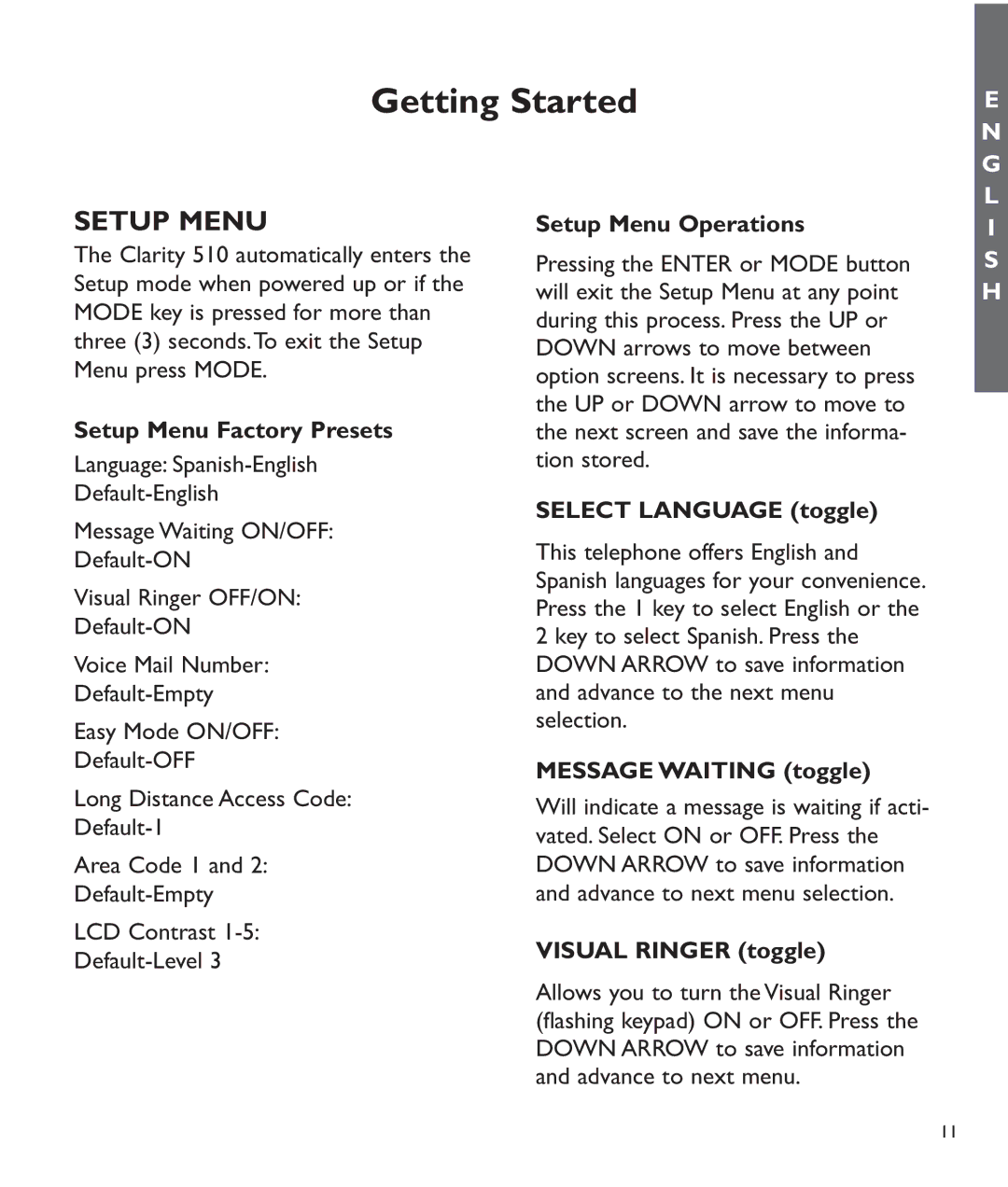 Clarity C510 manual Setup Menu 