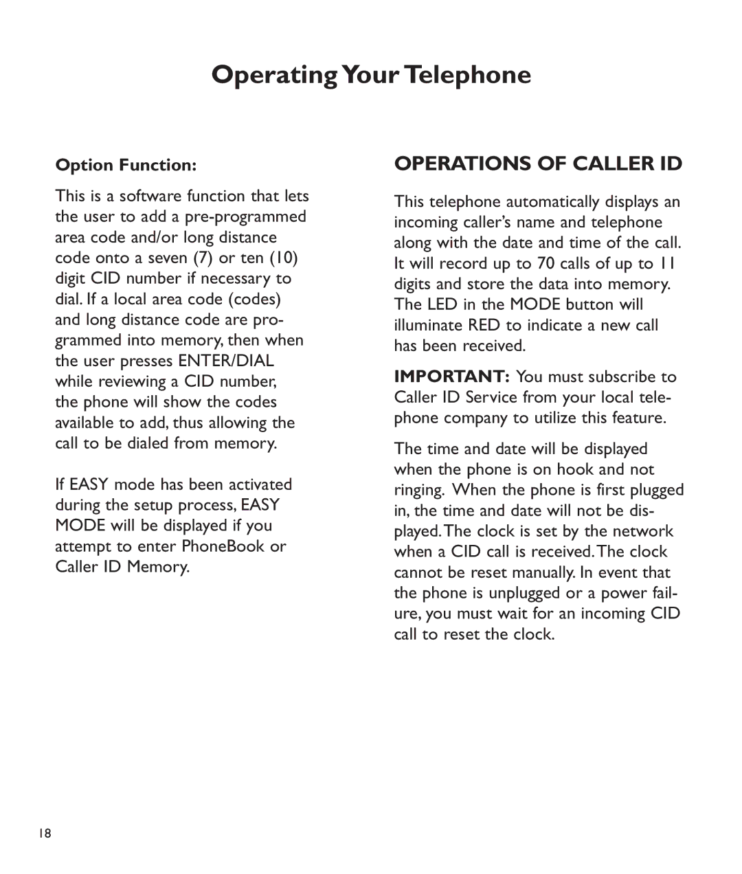 Clarity C510 manual Operations of Caller ID, Option Function 