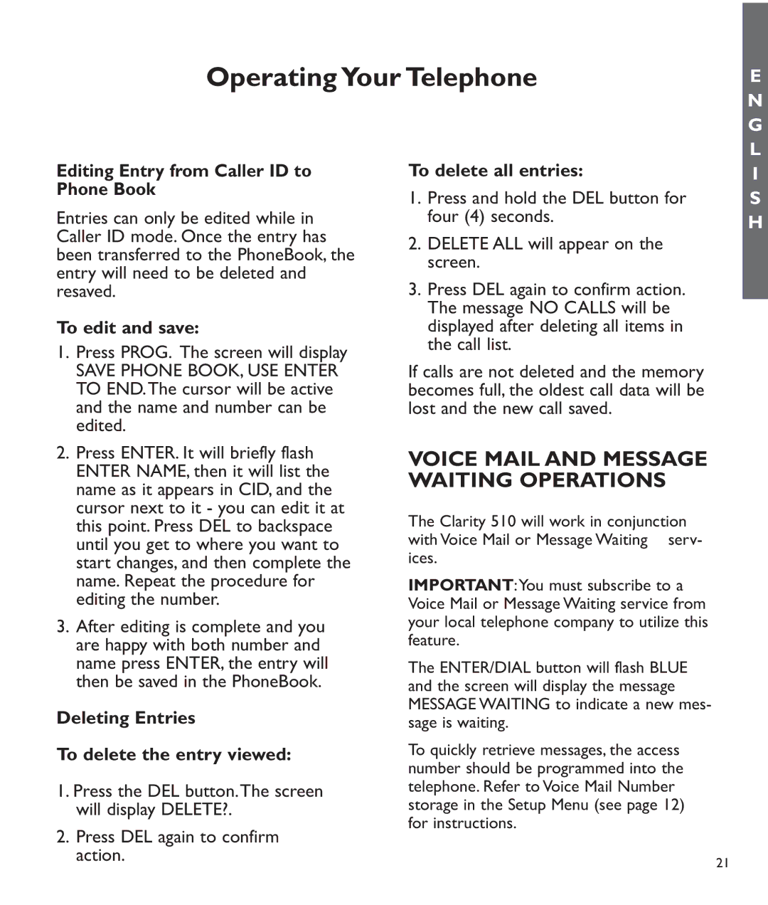 Clarity C510 manual Voice Mail and Message Waiting Operations, Editing Entry from Caller ID to Phone Book, To edit and save 