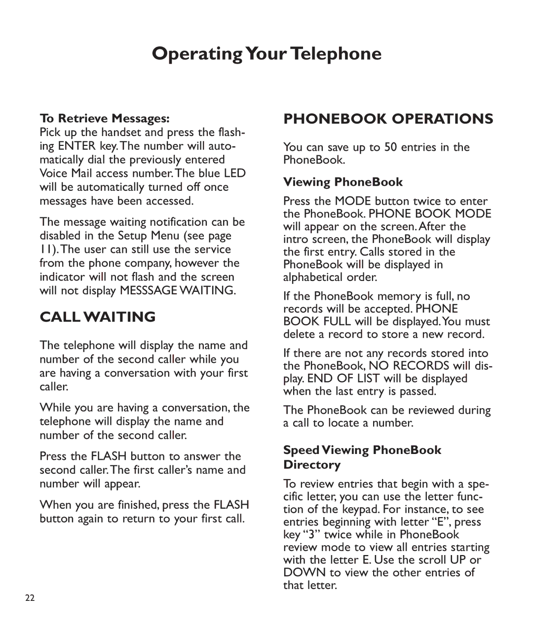 Clarity C510 manual Call Waiting, Phonebook Operations, To Retrieve Messages, Viewing PhoneBook 