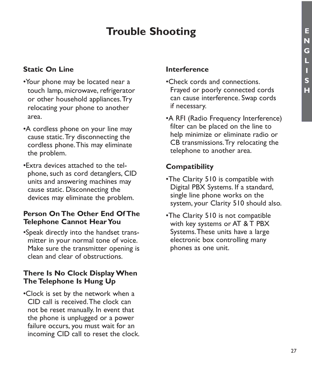 Clarity C510 manual Static On Line, Person On The Other End Of The Telephone Cannot Hear You, Interference, Compatibility 