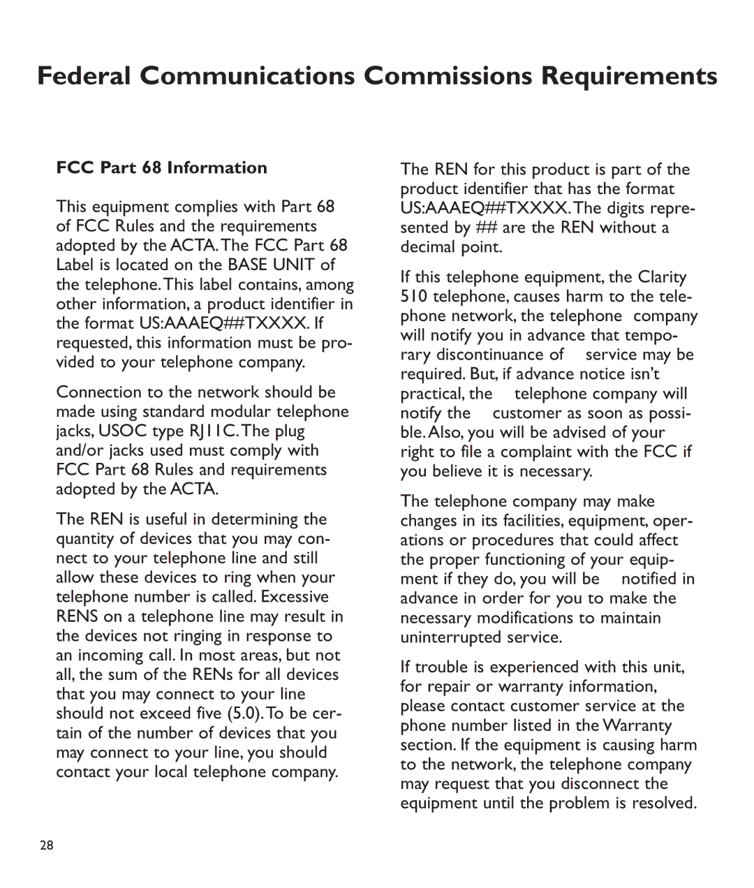 Clarity C510 manual Federal Communications Commissions Requirements, FCC Part 68 Information 