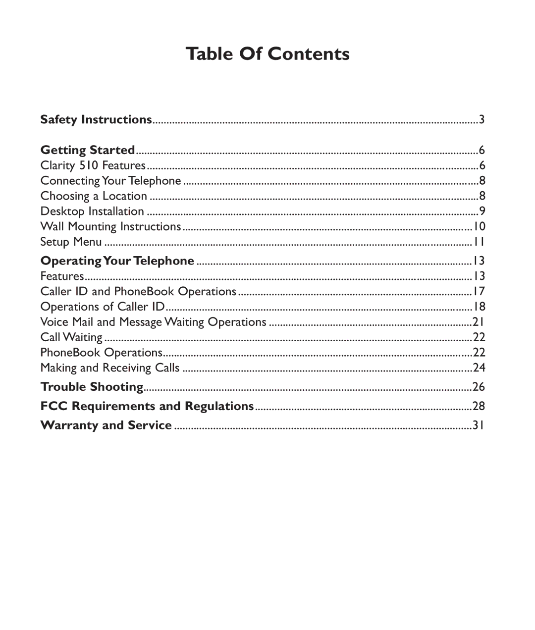 Clarity C510 manual Table Of Contents 