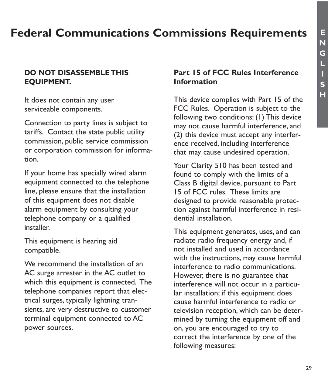 Clarity C510 manual Do not Disassemble this Equipment, Part 15 of FCC Rules Interference Information 