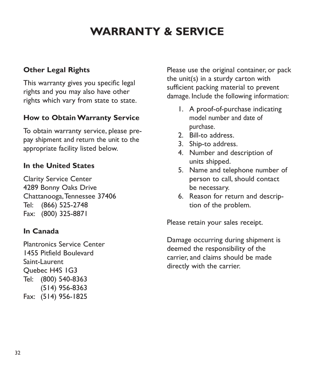 Clarity C510 manual Other Legal Rights, How to Obtain Warranty Service, United States, Canada 