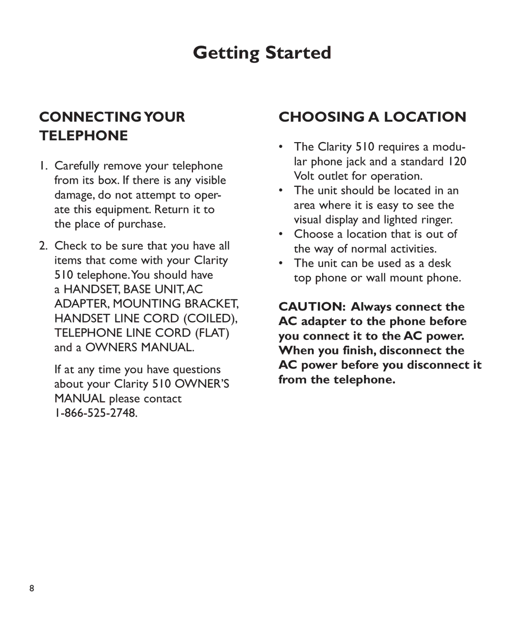 Clarity C510 manual Connecting Your Telephone, Choosing a Location 