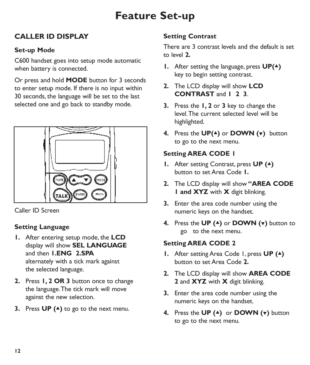 Clarity C600 manual Feature Set-up, Caller ID Display 