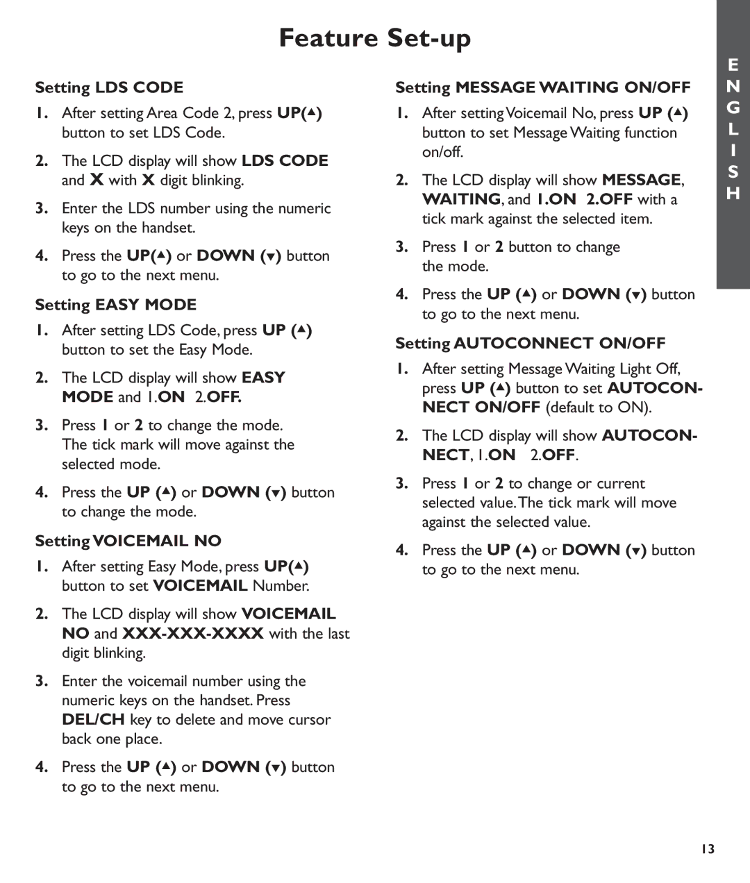 Clarity C600 manual Setting LDS Code, Setting Easy Mode, Setting Voicemail no, Setting Message Waiting ON/OFF 