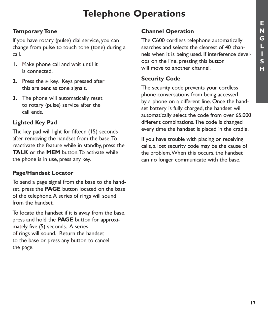 Clarity C600 manual Temporary Tone, Lighted Key Pad, Page/Handset Locator, Channel Operation, Security Code 