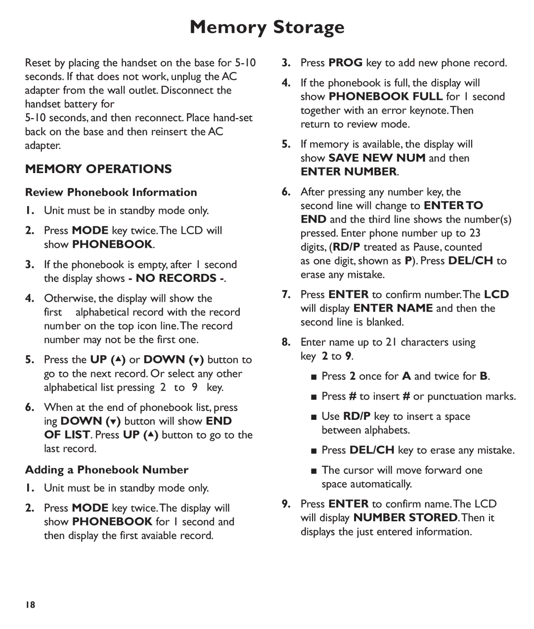 Clarity C600 manual Memory Storage, Memory Operations, Review Phonebook Information, Adding a Phonebook Number 