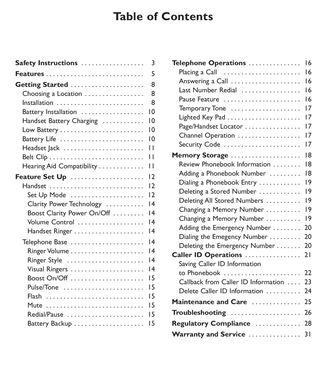 Clarity C600 manual Table of Contents 