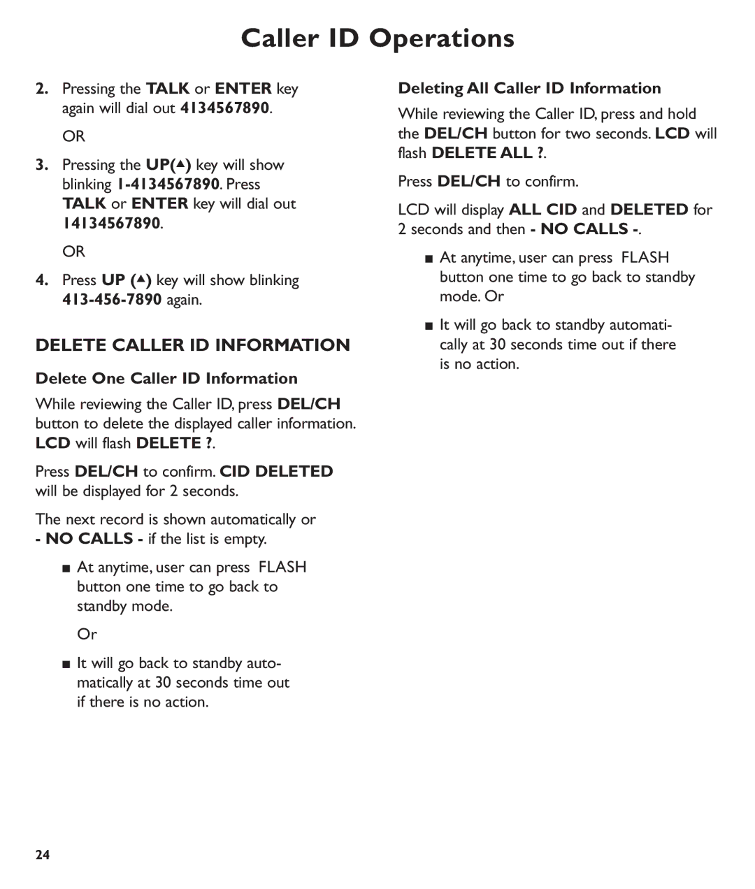 Clarity C600 manual Delete Caller ID Information, Delete One Caller ID Information, Deleting All Caller ID Information 