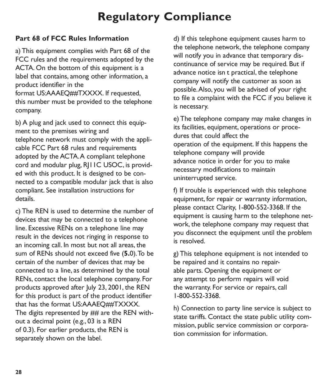 Clarity C600 manual Regulatory Compliance, Part 68 of FCC Rules Information 