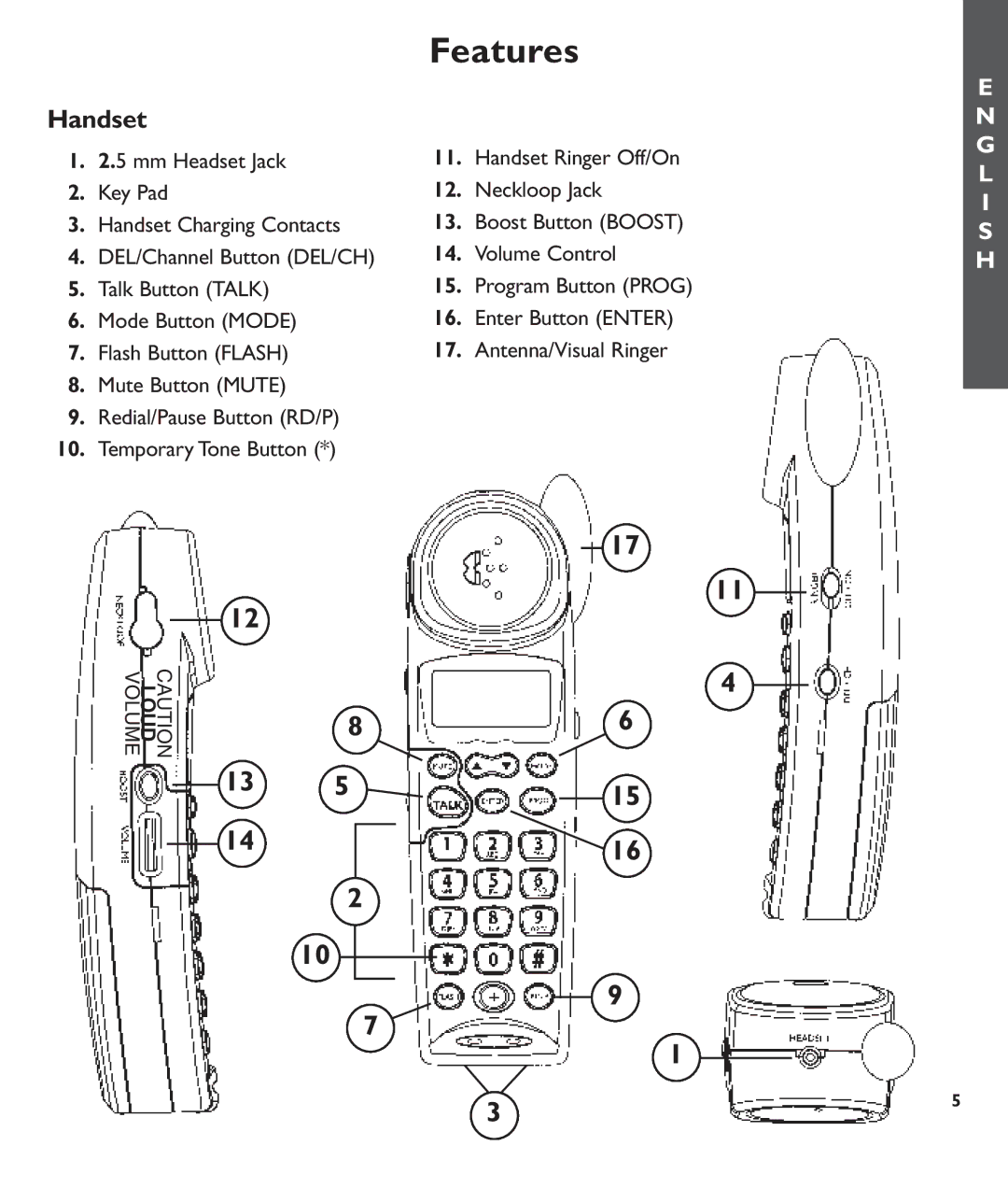 Clarity C600 manual Features, Mm Headset Jack, Key Pad Neckloop Jack Handset Charging Contacts 