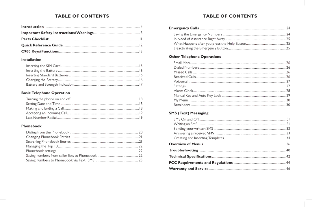 Clarity C900 manual Table of Contents 