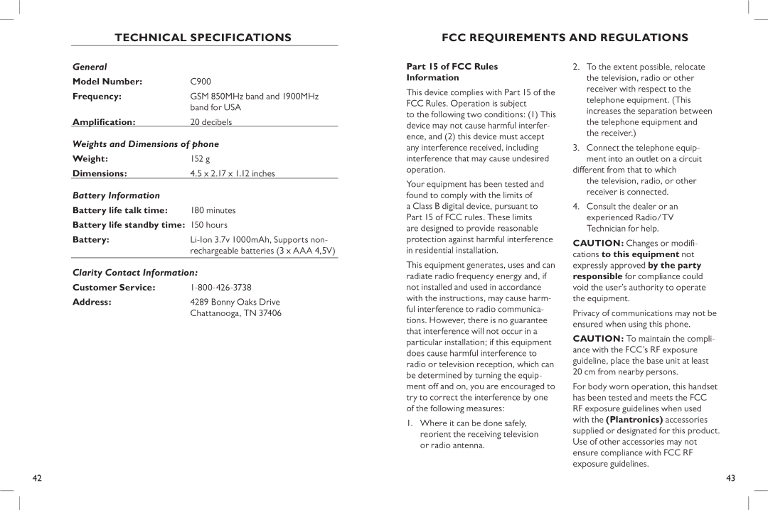 Clarity C900 manual Technical Specifications FCC Requirements and Regulations 