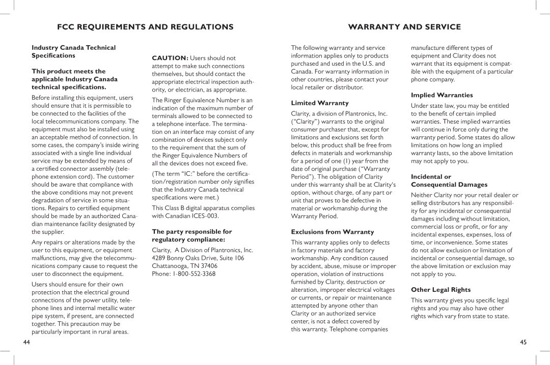 Clarity C900 manual FCC Requirements and Regulations Warranty and Service 