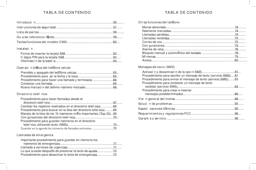 Clarity C900 manual Tabla de contenido 