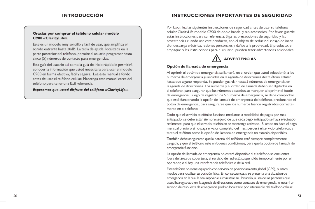 Clarity C900 manual Introducción, Instrucciones importantes de seguridad, Opción de llamada de emergencia 