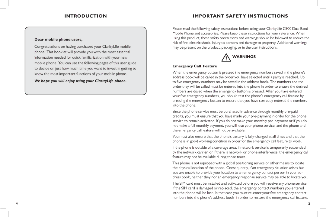 Clarity C900 manual Introduction, Important Safety Instructions, Dear mobile phone users, Emergency Call Feature 