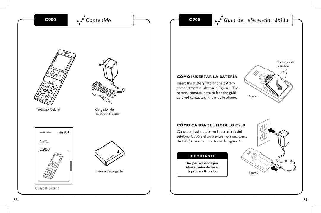 Clarity C900 manual Teléfono Celular Cargador del, Batería Recargable Guía del Usuario, Cómo insertar la batería 