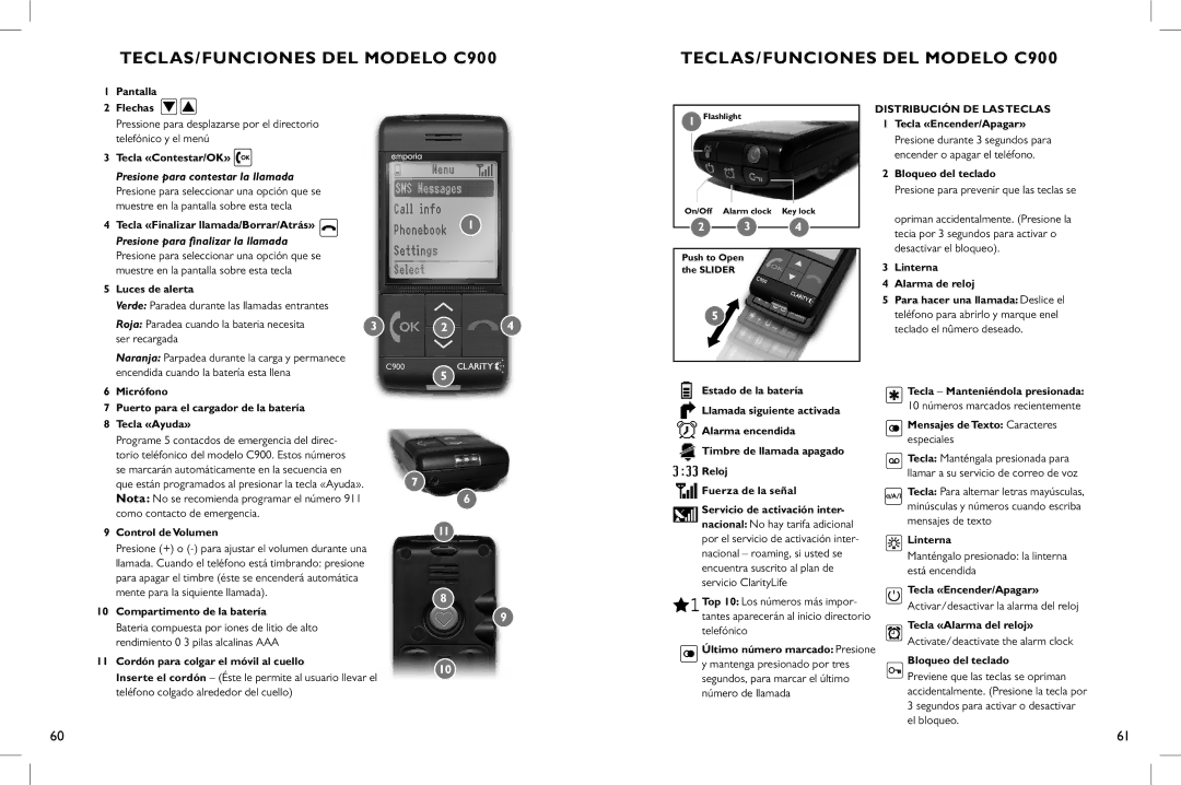 Clarity manual Teclas/funciones del modelo C900, Encendida cuando la batería esta llena 