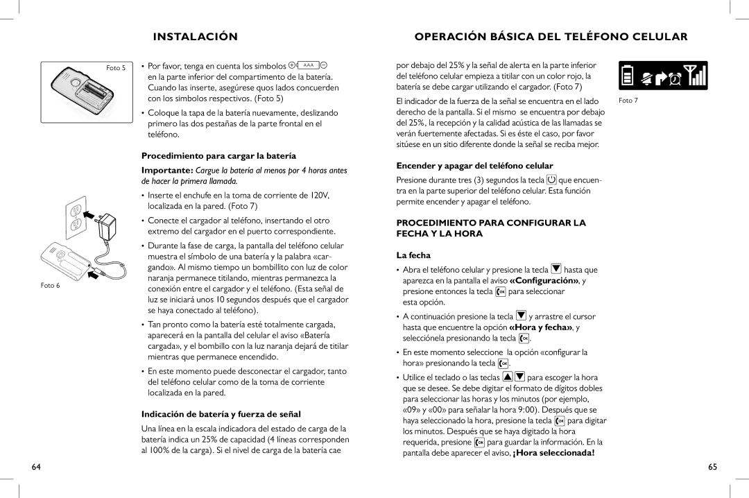 Clarity C900 manual Operación básica del teléfono celular, Procedimiento para cargar la batería 