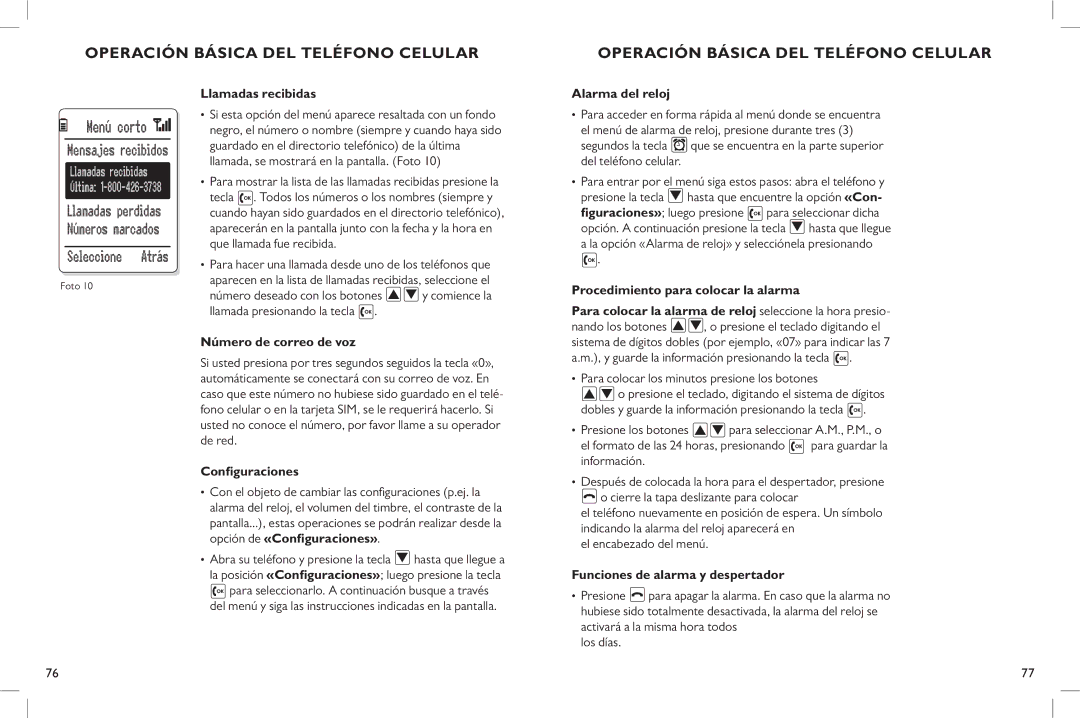 Clarity C900 manual Llamadas recibidas, Número de correo de voz, Configuraciones, Alarma del reloj 