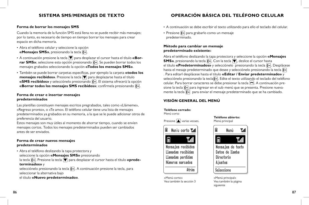 Clarity C900 Forma de borrar los mensajes SMS, Forma de crear e insertar mensajes predeterminados, Visión general del menú 