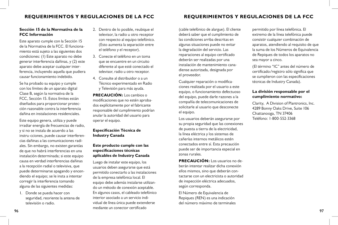 Clarity C900 manual Requerimientos y regulaciones de la FCC, Sección 15 de la Normativa de la FCC Información 