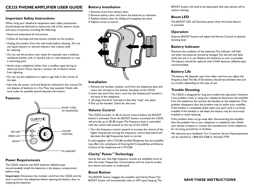 Clarity important safety instructions CE225 Phone Amplifier User Guide 