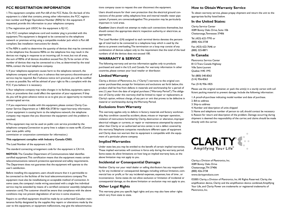 Clarity CE225 important safety instructions FCC Registration Information, Warranty & Service 