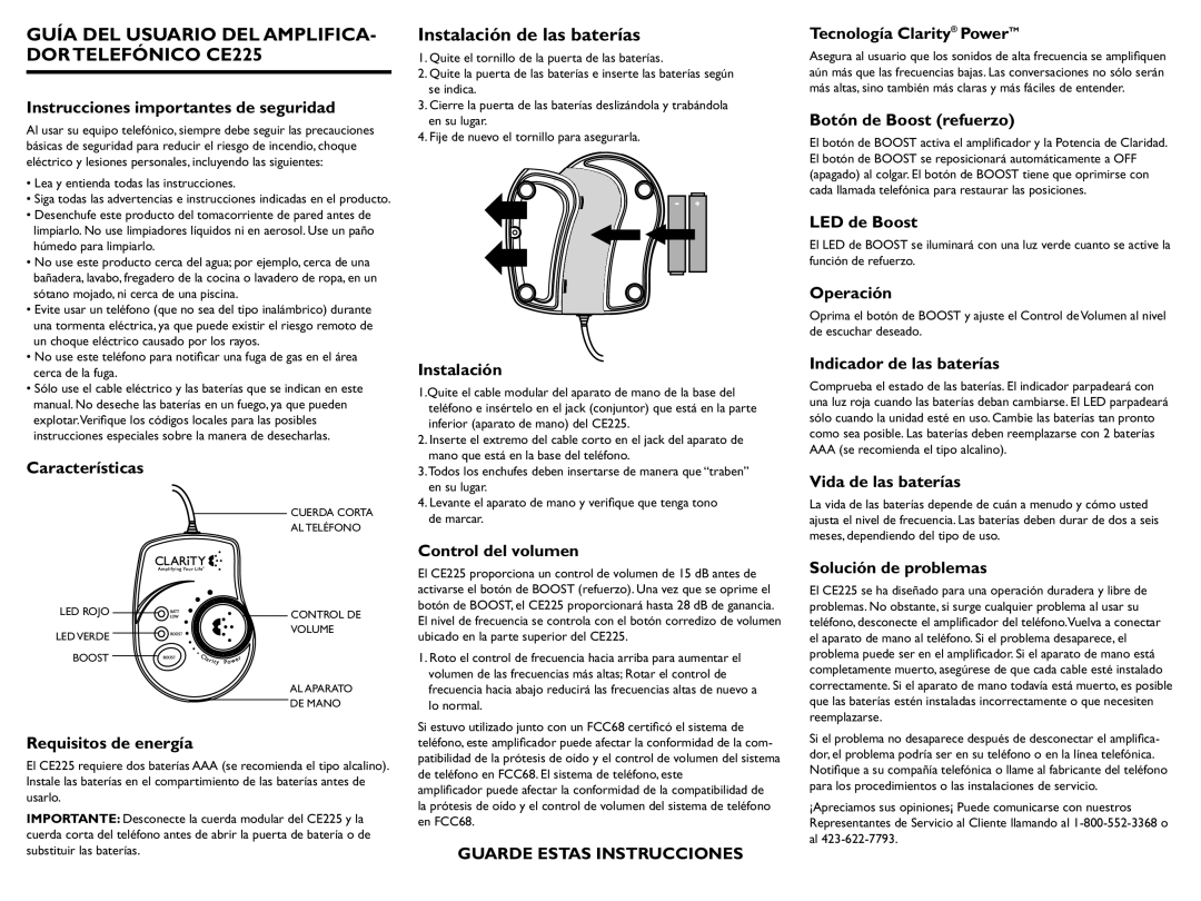 Clarity important safety instructions Guía DEL Usuario DEL AMPLIFICA- DOR Telefónico CE225, Guarde Estas Instrucciones 