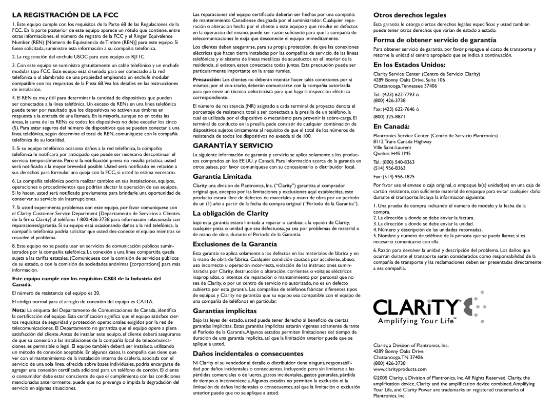 Clarity CE225 important safety instructions LA Registración DE LA FCC, Garantíay Servicio 