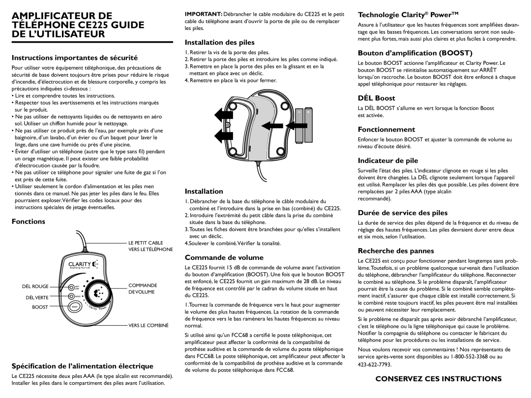 Clarity CE225 important safety instructions Conservez CES Instructions 