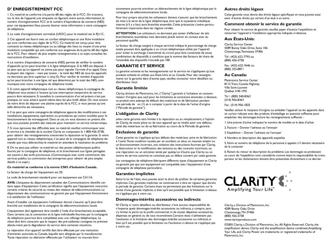 Clarity CE225 important safety instructions ’ Enregistrement FCC, Garantie ET Service 