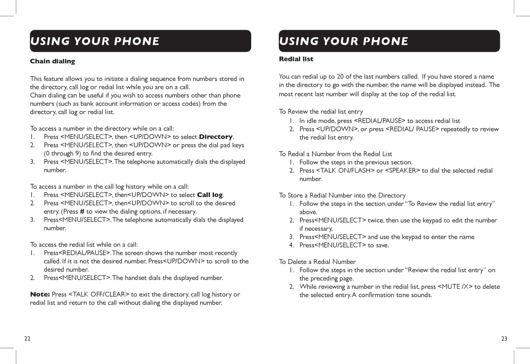 Clarity Clarity DECT6.0 manual Chain dialing, Redial list 