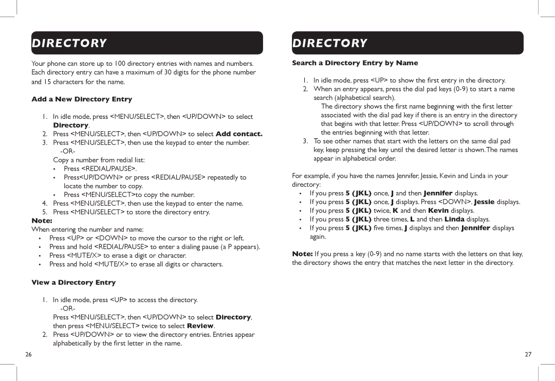 Clarity Clarity DECT6.0 manual Add a New Directory Entry, View a Directory Entry, Search a Directory Entry by Name 