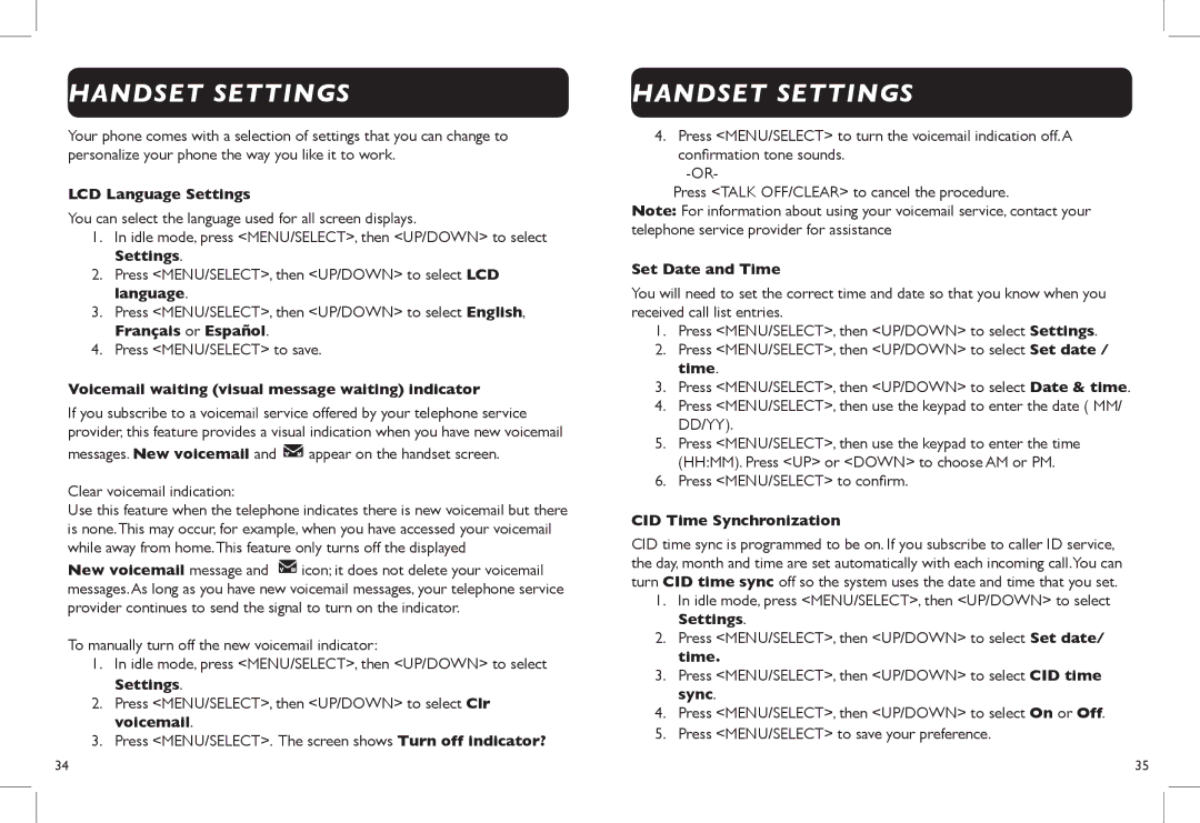 Clarity Clarity DECT6.0 manual Handset Settings, LCD Language Settings, Voicemail waiting visual message waiting indicator 