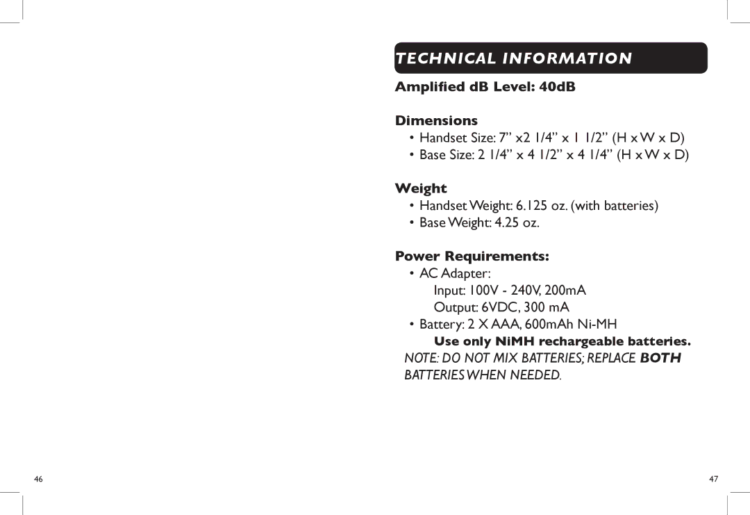 Clarity Clarity DECT6.0 manual Technical Information, Power Requirements 