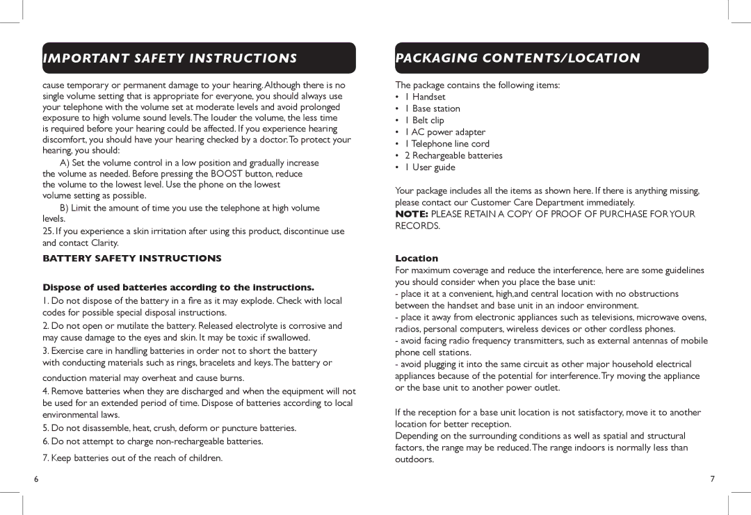 Clarity Clarity DECT6.0 manual Packaging CONTENTS/LOCATION 