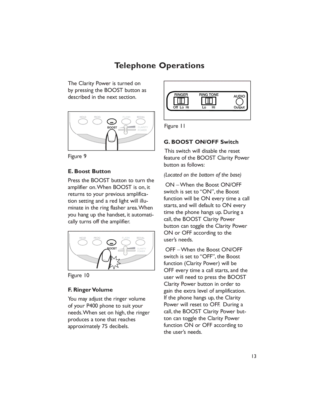 Clarity CLARITY-P400 manual Boost Button, Ringer Volume, Boost ON/OFF Switch 