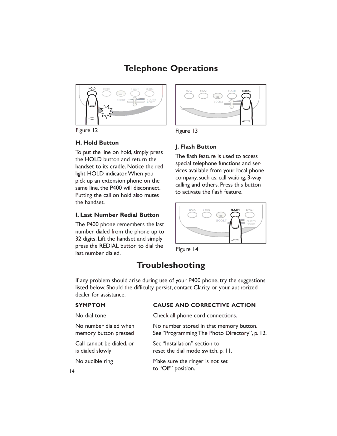 Clarity CLARITY-P400 manual Troubleshooting, Hold Button, Last Number Redial Button, Flash Button 